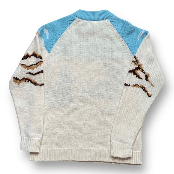 Vintage Alpine Goat Scenic Knit Sweater Cream Blue Mock Neck Unisex Ski Cabin - Picture 4 of 11